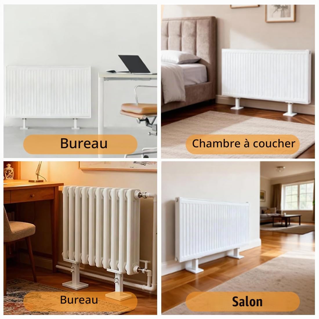 Lot de 2 supports de radiateur - Montage au sol - 14 à 21 cm - En acier réglable - Pieds de radiateur pour radiateurs à panneau - Blanc + argenté