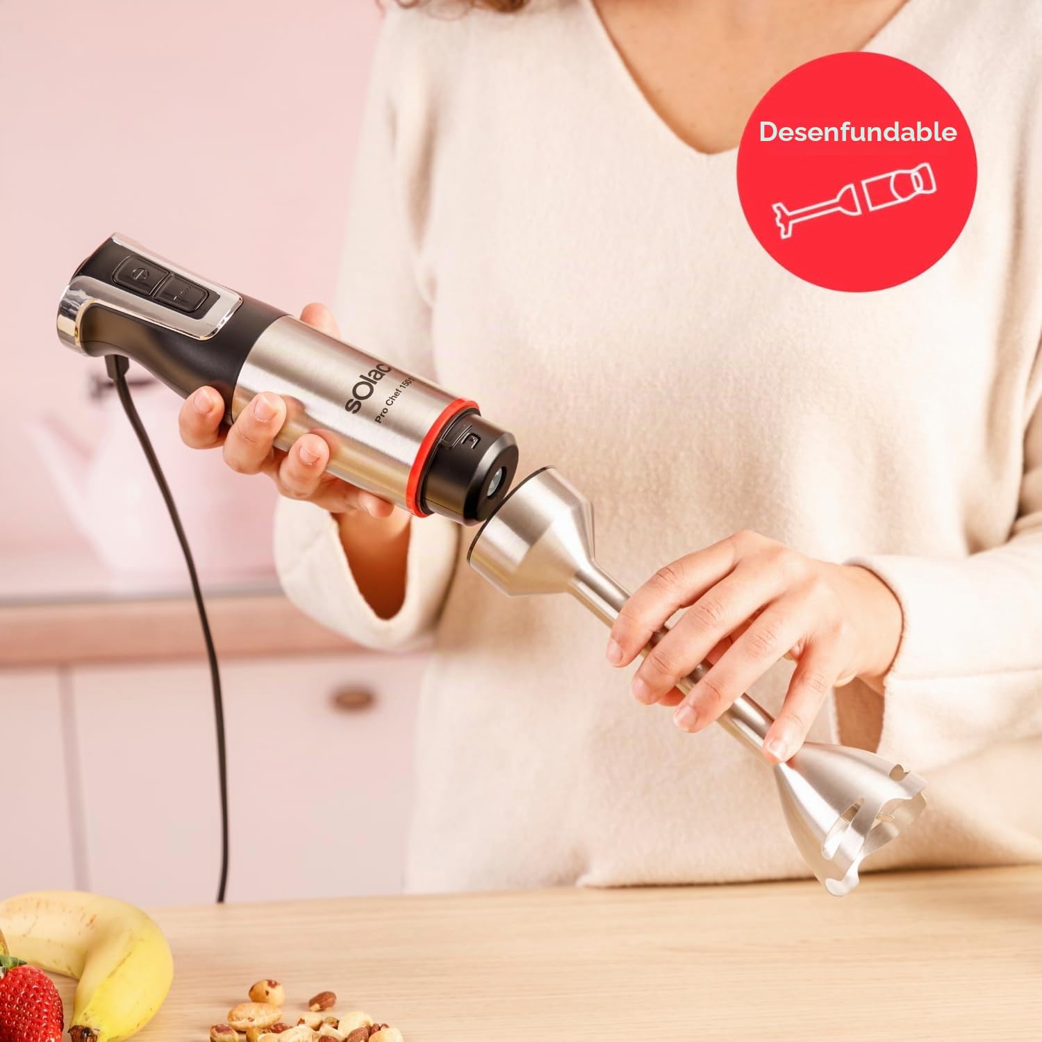 Solac – Batidora Mano Pro Chef 1501 | 1500W| 4 Cuchillas Inox | Varilla Inox | Turbo | Pica Hielo | Ergonómica | Antisalpicaduras | Desmontable | Incluye Accesorios