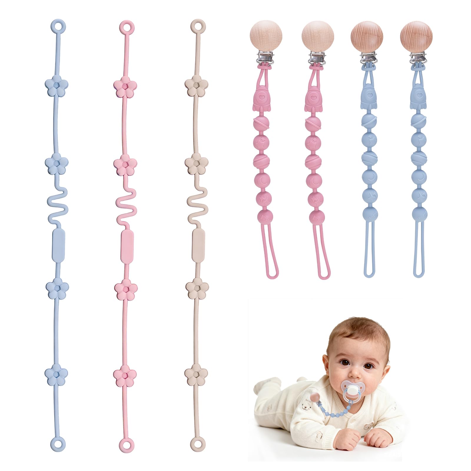 7er Pack Schnullerkette Silikon, 2 in 1 Verstellbare Cup Catcher Baby Sicherheitsgurte, BPA-frei Schnullerband für Spielzeug Babyflaschen Kinderwagen Hochstühl Autositz