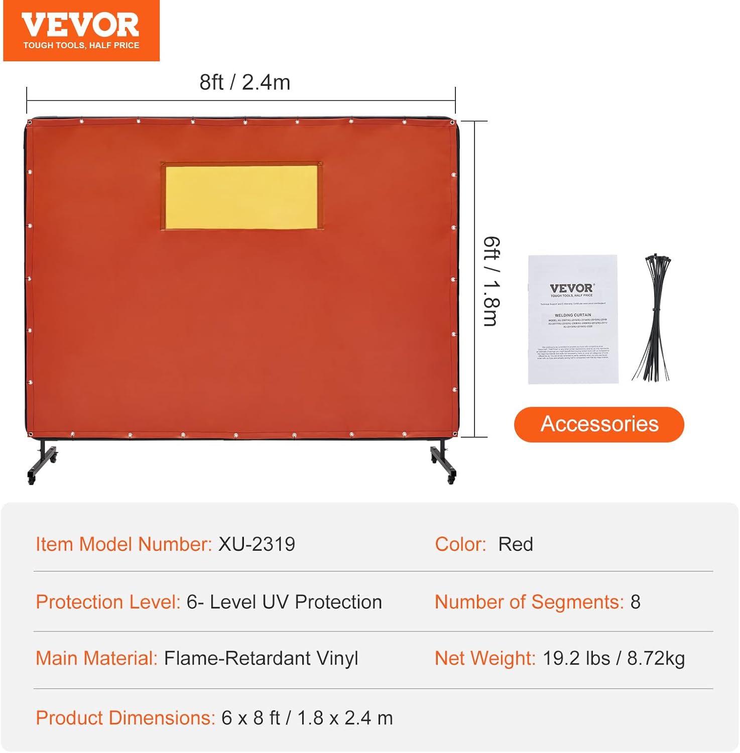 VEVOR Welding Screen with Frame, 6' x 8' Welding Curtain Screens, Flame-Resistant Vinyl Welding Protection Screen with 4 Swivel Wheels (2 Lockable) & Transparent Window for Workshop/Industrial, Red
