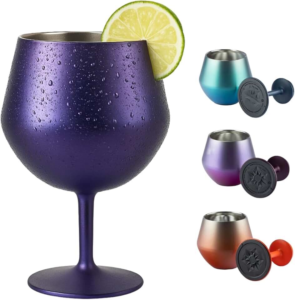 Taça Térmica Inox 2 em 1 Vinho Gin Drinks Cerveja 414ml Copo Térmico Haste Removível Aço Inoxidável Conserva Bebidas Geladas Isolamento Térmico Parede Dupla Cocktail Coquetel (ROXA)