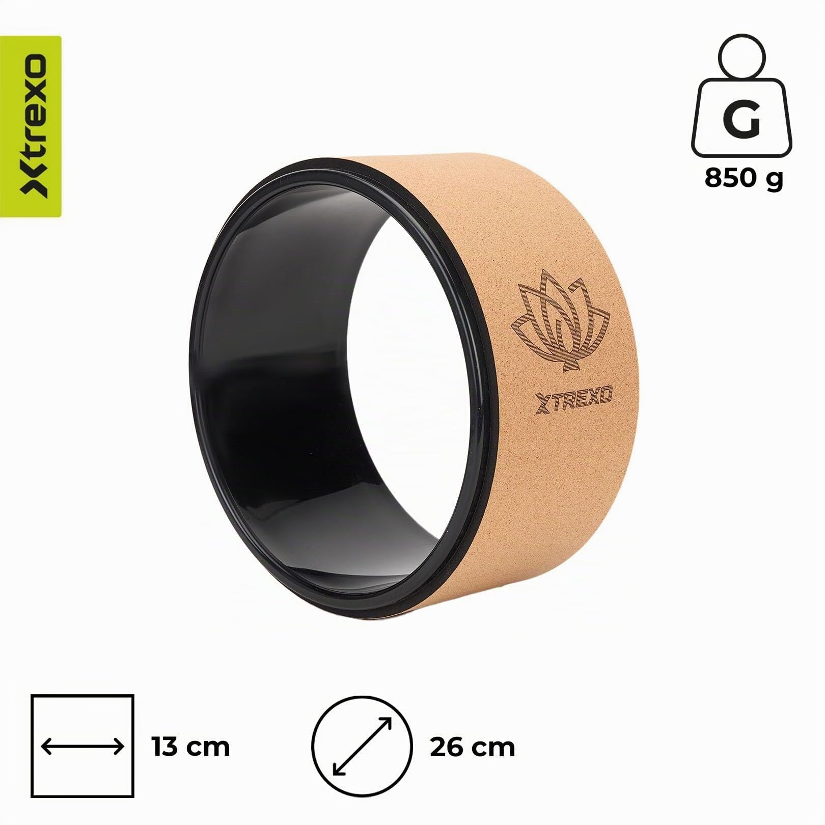 TREXO Roue de yoga en liège naturel avec un diamètre de 26 cm et une largeur de 13 cm, marron, en liège 100% écologique, parfait pour s'étirer, confortable grâce au rembourrage en mousse, roue de
