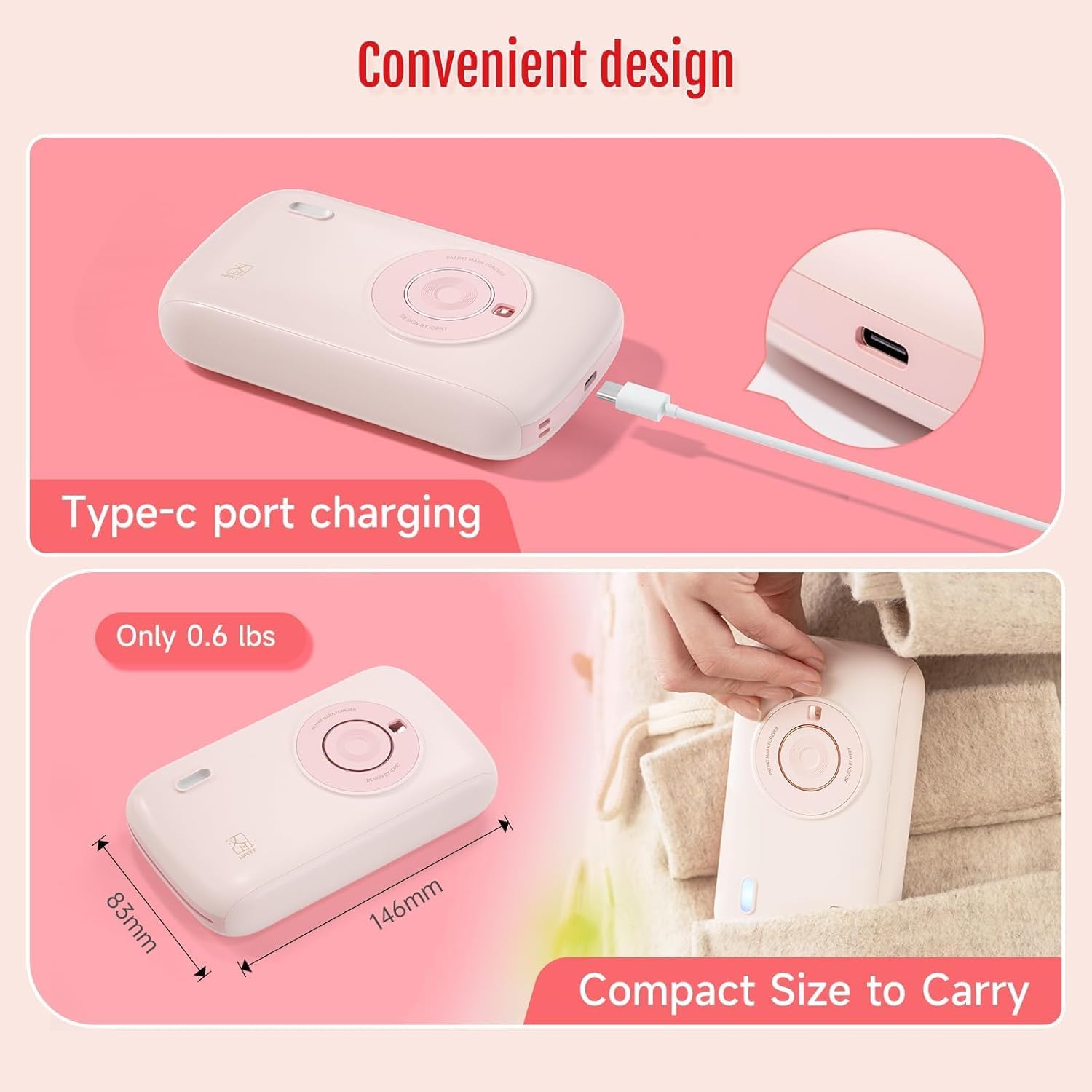 HPRT CP2100 Portable Mini Printer, Dye Sublimation Photo Printer with 10 Sheets Photo Paper, Pink Mobile Photo Printer Bluetooth 5.0 Wireless, 300 DPI