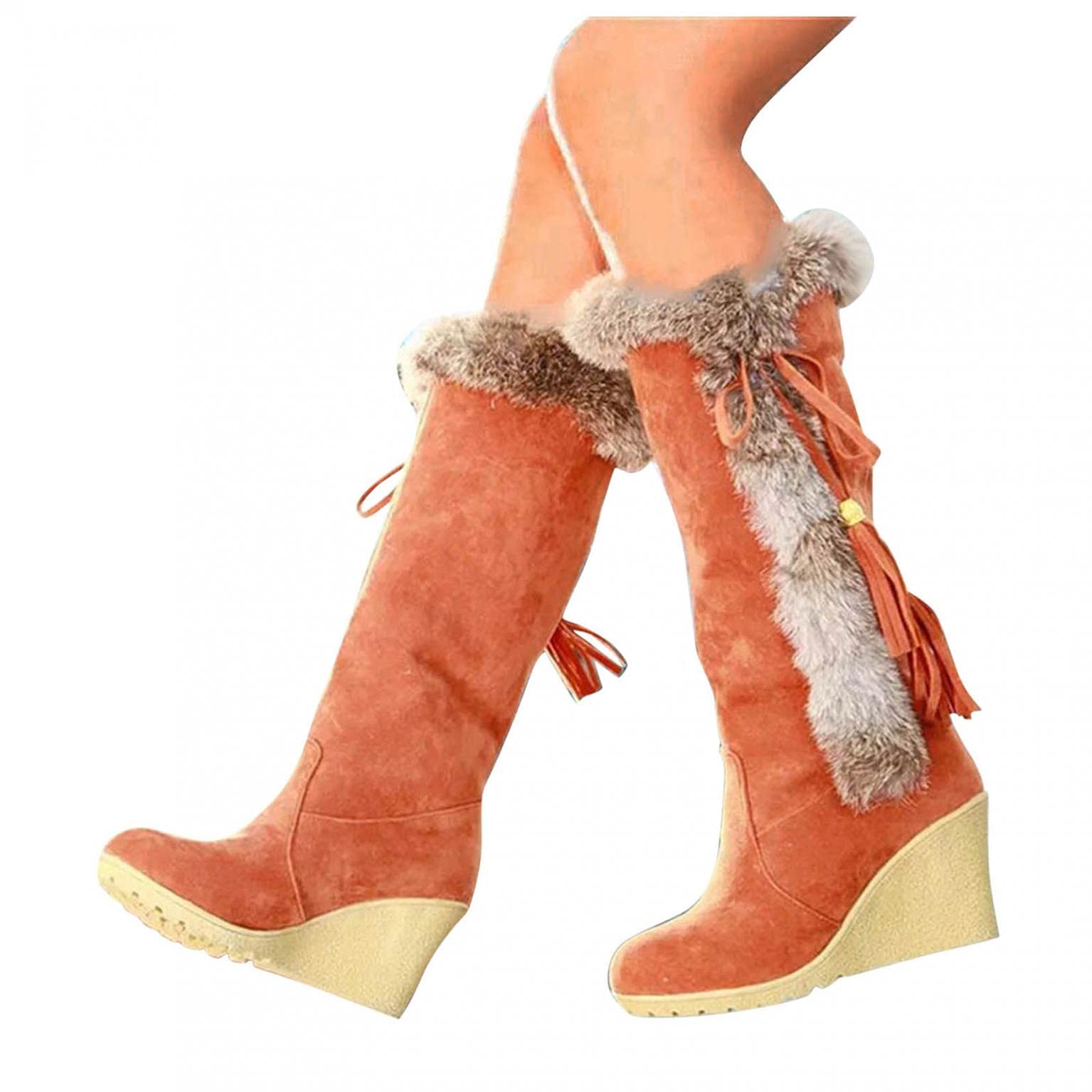 Hbeylia High Heels Fuzzy Winter Snow Boots For Women Fashion Casual Boho Suede Tassels Pluffy Fur Thermal Wide Calf Boots Bohemian Furry Fringe Lace
