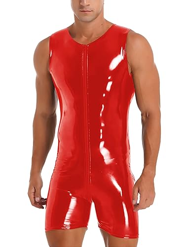 Lejafay Men's Latex Wetlook One-Piece Catsuit Wrestling Singlet Leotard Bodysuit Jumpsuit Clubwear - 4# Red - Large