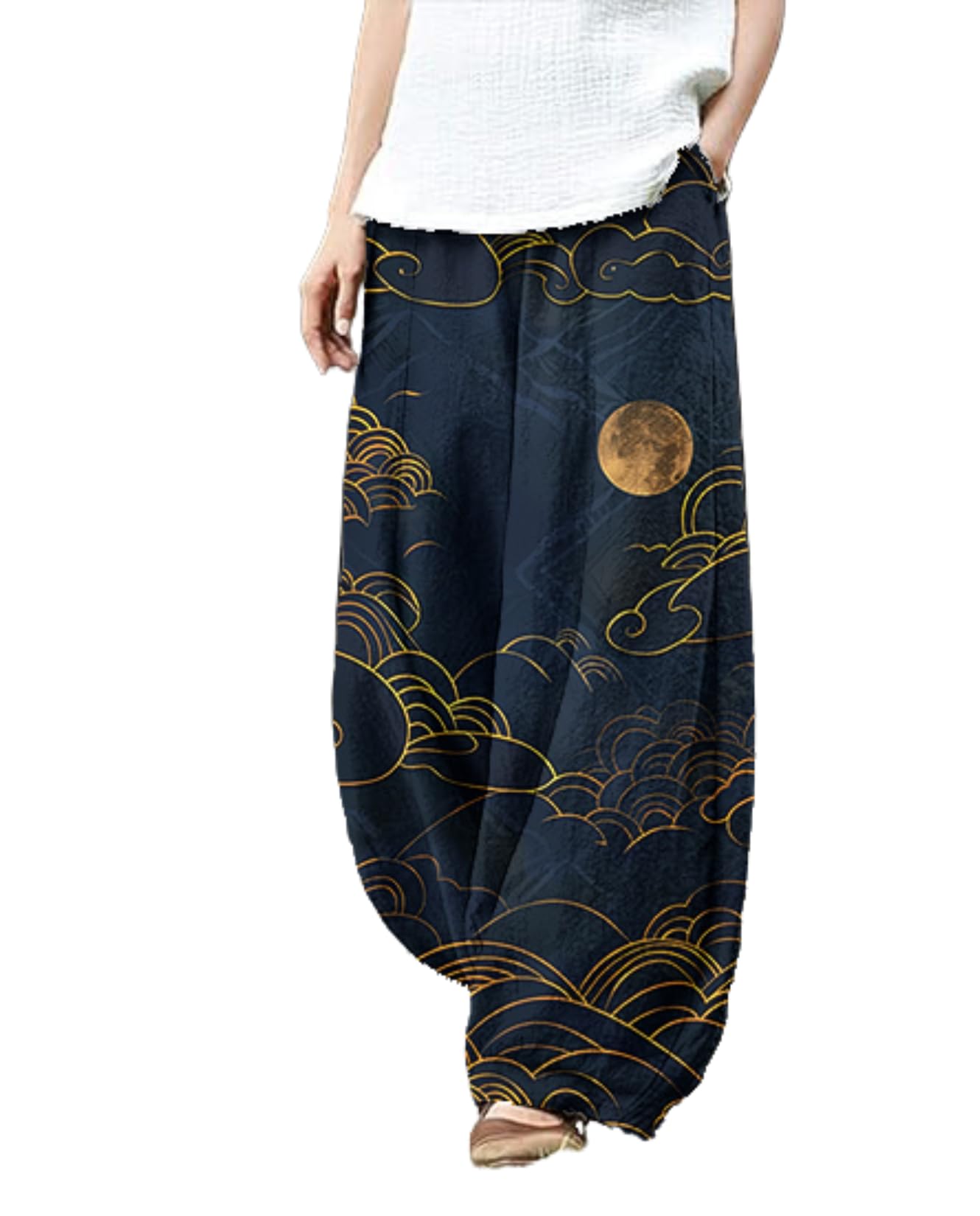Ocean Print Cargo Pants for Women Cotton Linen Japanese Baggy Trouser Casual Boho Oil Painting Pants Wide Leg