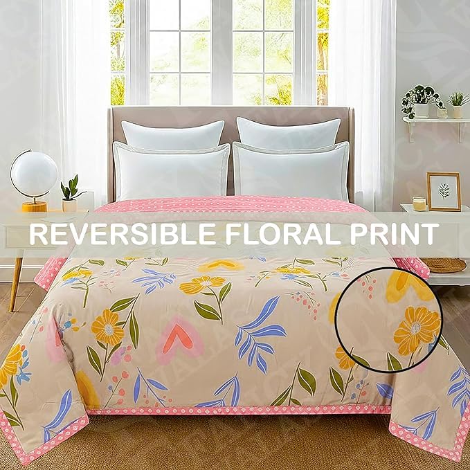 Image of Summer Blanket 100% Cotton Reversible Ac Comforter and Cooling Classic Printed Design Quilt | Dohar Single Bed Or Double Bed Quilt Ideal for Gifting (Design Pink Flower, Double Bed)