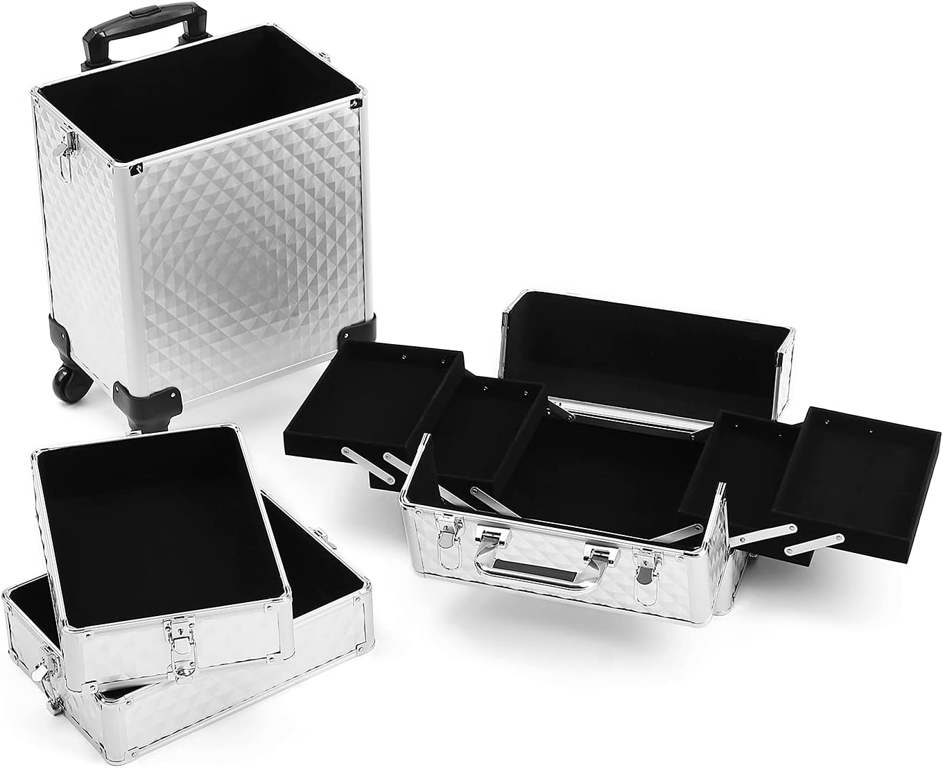 Channcase 4 in 1 Portable Traveling Aluminum Professional Makeup Trolley Cart with Multiple-Sized Compartments and Wheels, White : Beauty & Personal Care