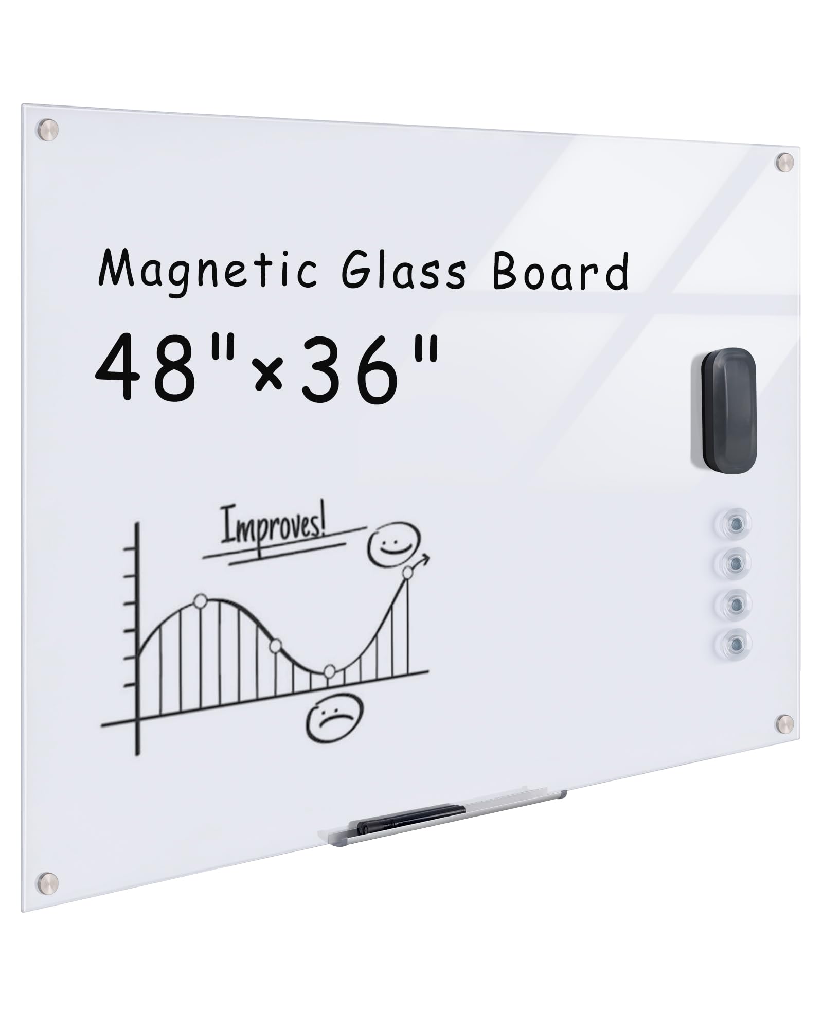 Mifuro Magnetic Glass Whiteboard，48"x36" Wall Mounted Frameless Dry Erase Board for Office, Home & School Ultra White