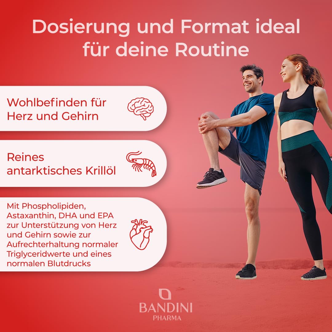 Bandini® Krillöl 3000 mg, reine Antarktis, 465 mg EPA und DHA, 1200 mg marine Phospholipide, Quelle von Astaxanthin und Omega 3 | Krillöl 100% natürlich, kein Nachgeschmack | 90 Weichkapseln