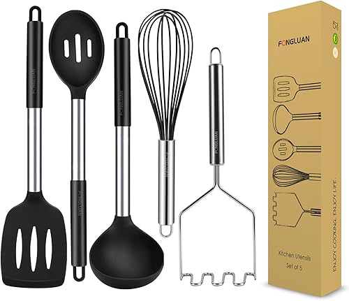 FONGLUAN Juego de 5 utensilios de cocina de silicona con mango de acero inoxidable, espátula, cucharón, cucharón, batidor, machacador, resistente al