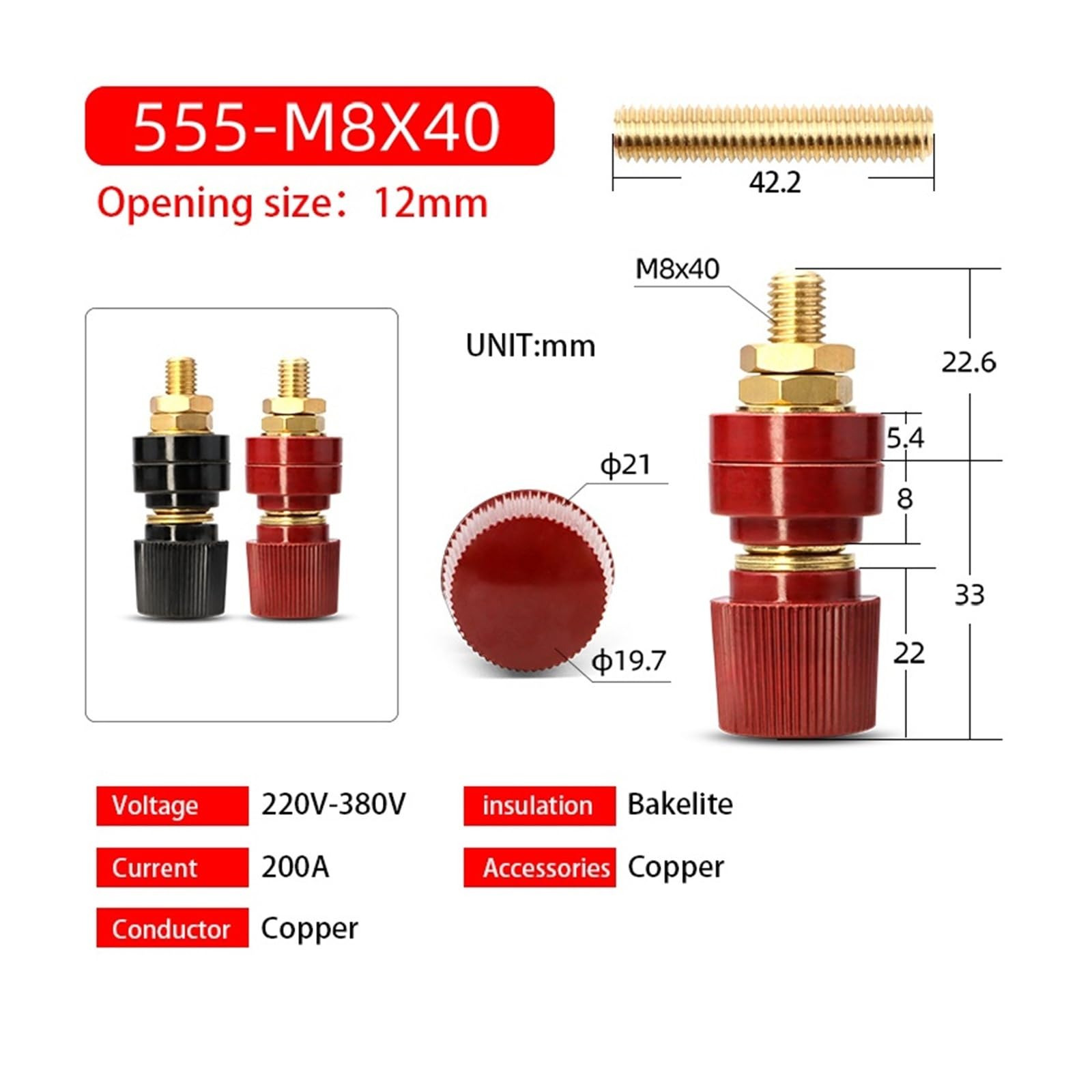Perno in ottone Premium M5 M6 M8 M10 Nero + Rosso Set Accessori for kit terminale connettore for giunzione alimentazione batteria for auto