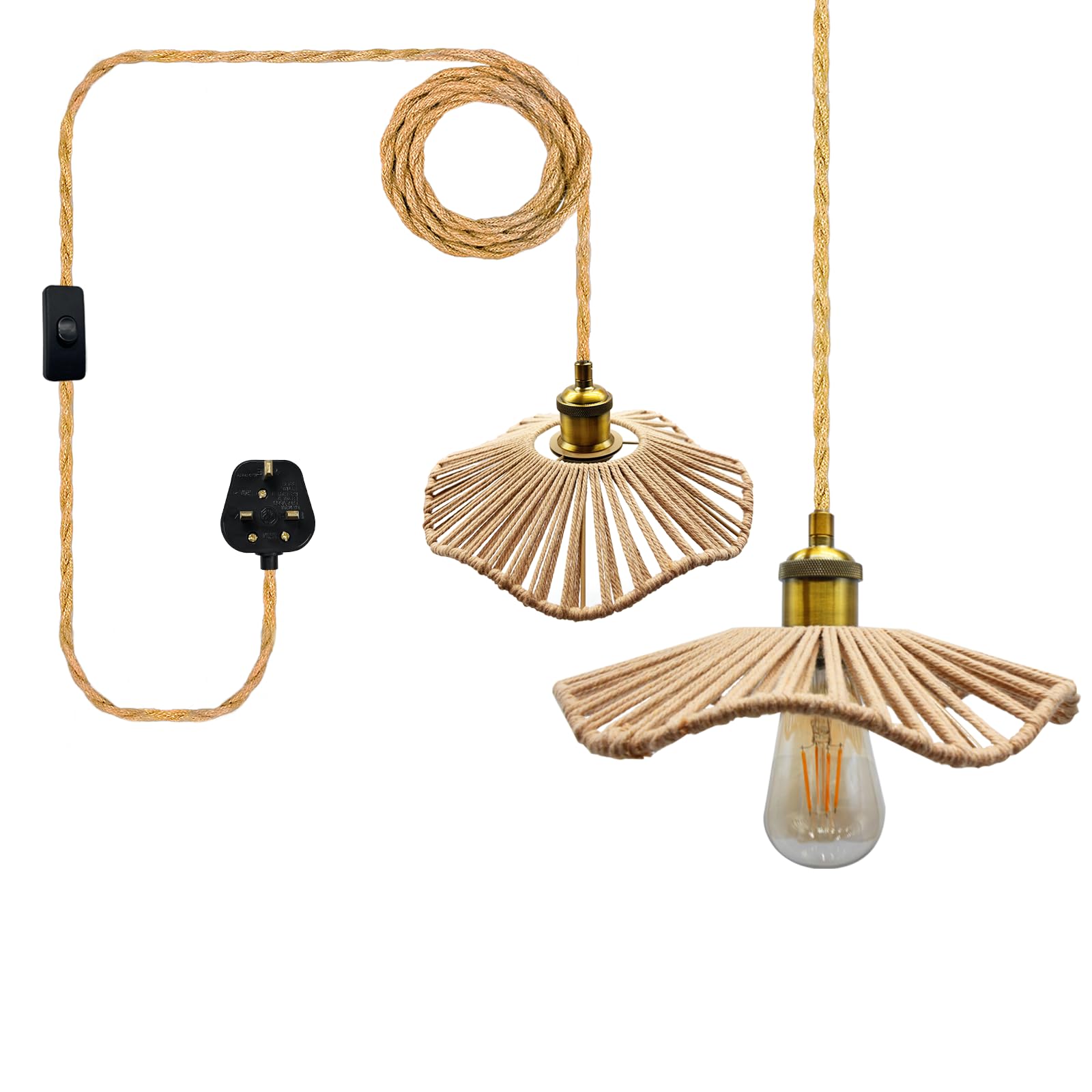 LAKONEI 2 Pack 5.1m Hemp Cable Plug in Pendant Lamp Kit, Industrial Antique Bronze E26/E27 Socket with Switch, Wave Scalloped Shade for Radial Woven Rustic Boho Ceiling Hanging Decor (No Bulb)