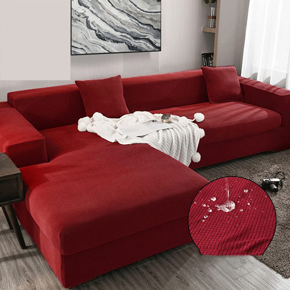 Housse canapé d'angle imperméable en fleece jacquard extensible 4 places rouge bordeaux pour salon