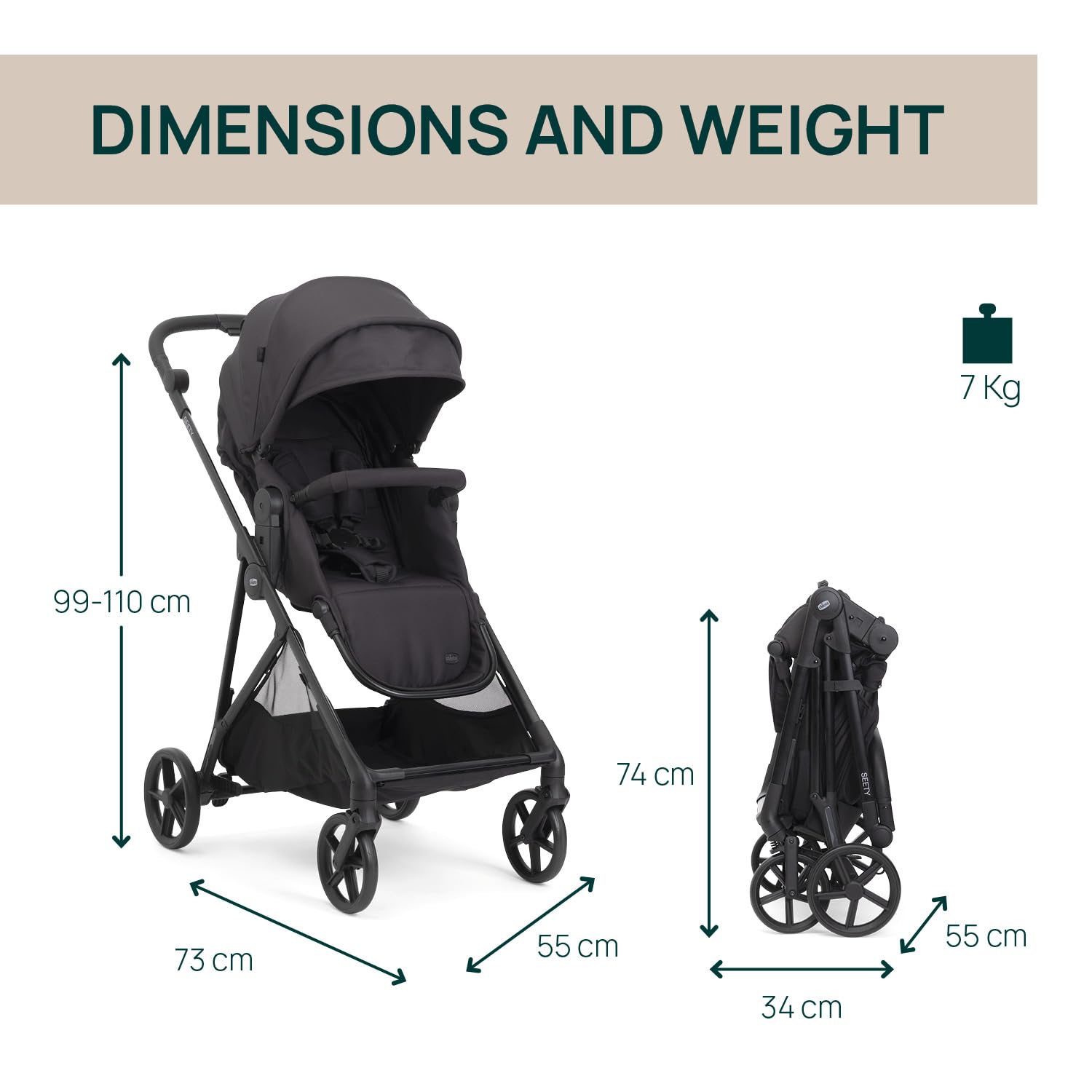Chicco Cochecito Seety, Cochecito Ligero y Compacto De 0 Meses a 4 Años, Capacidad Máxima 22 kg, Cochecito Plegable,Respaldo Reclinable,Cierre Automático con 1 Movimiento, Capota Parasol y Cubrelluvia