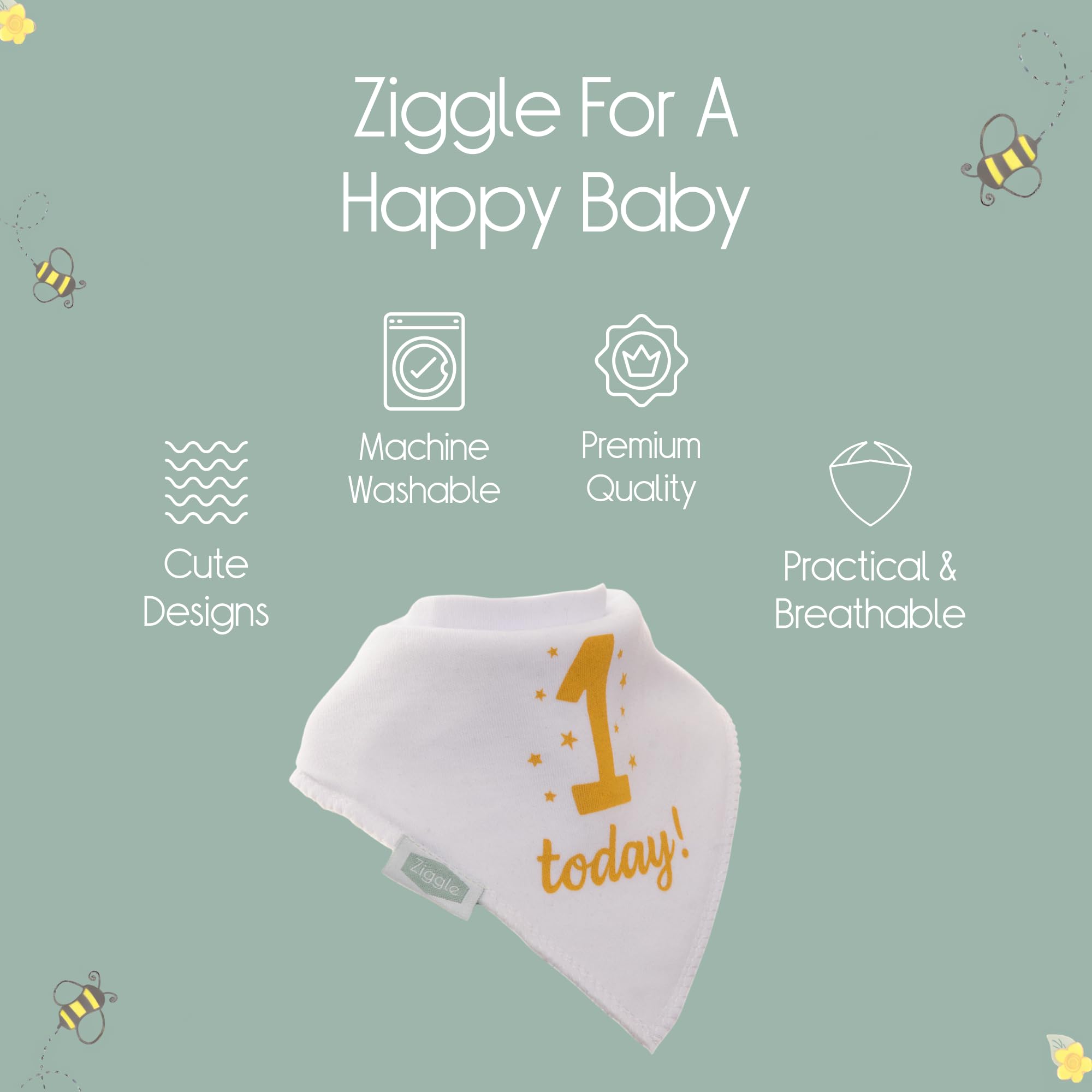 Ziggle 1 Today! Bandana Dribble Teething Bib for Babies and Toddlers - Absorbent 100% Cotton Front Drool Bib with Adjustable Straps - Image 3