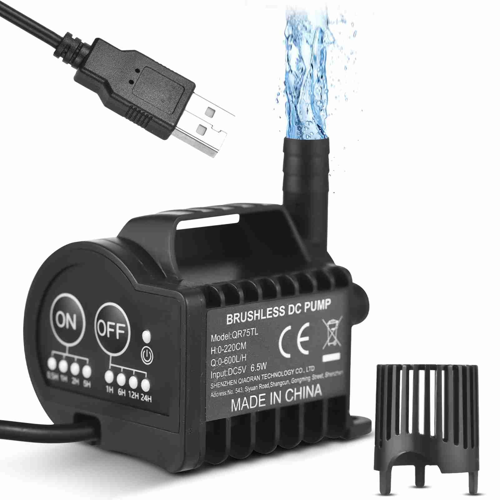 Annadue Mini 5V Water Pump, 400L/H 9.8ft Lift, 4 Gear On/Off Timing with USB Cable, Submersible Water Pump for Aquarium, Pond, Fountain, Pet Drinking (QR75TL)