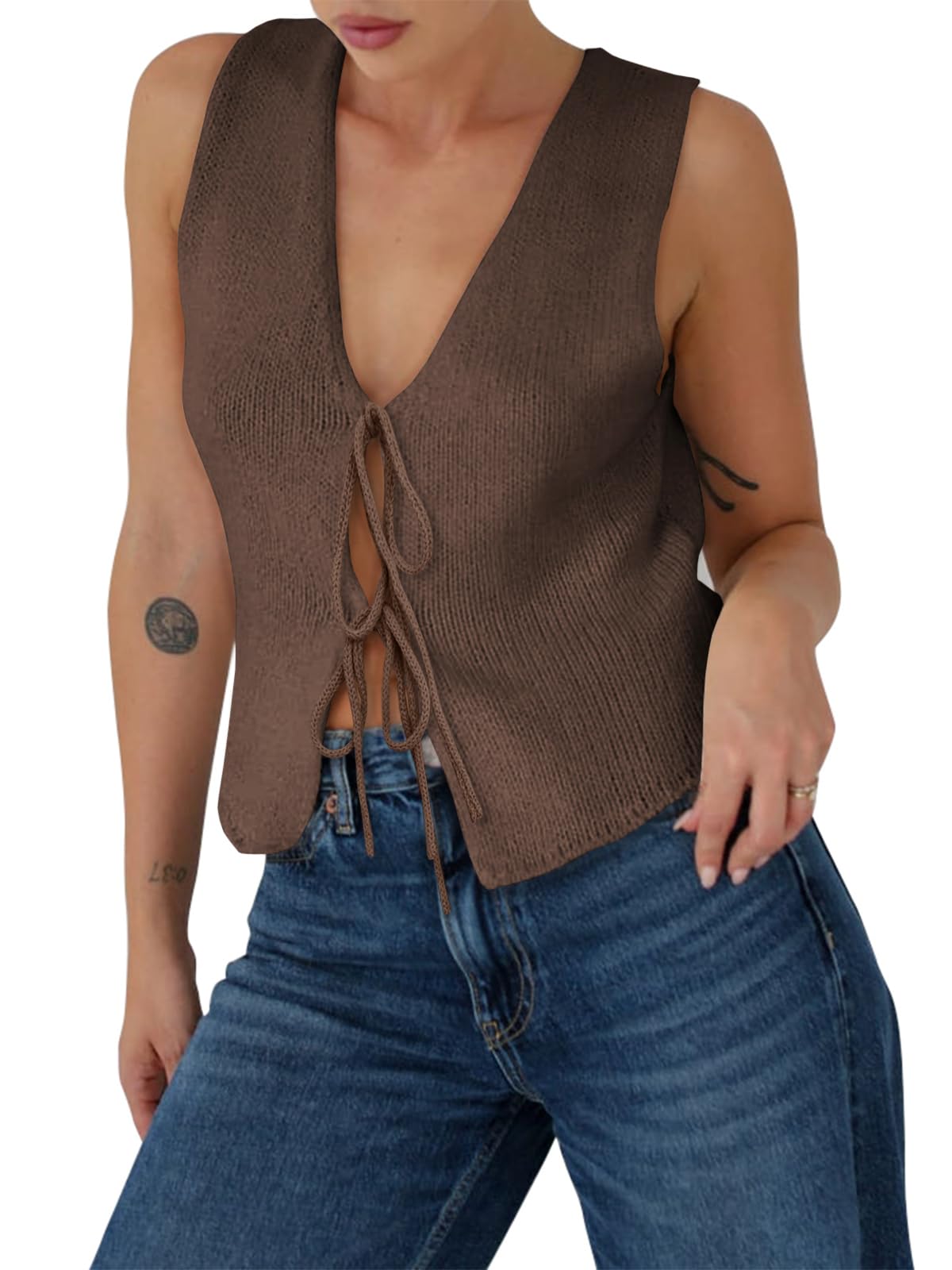 Yousify Womens Sweater Vests Tie Front Knit Vest Summer Ribbed Tank Tops Y2k Cute Vests Fashion Casual Sleeveless