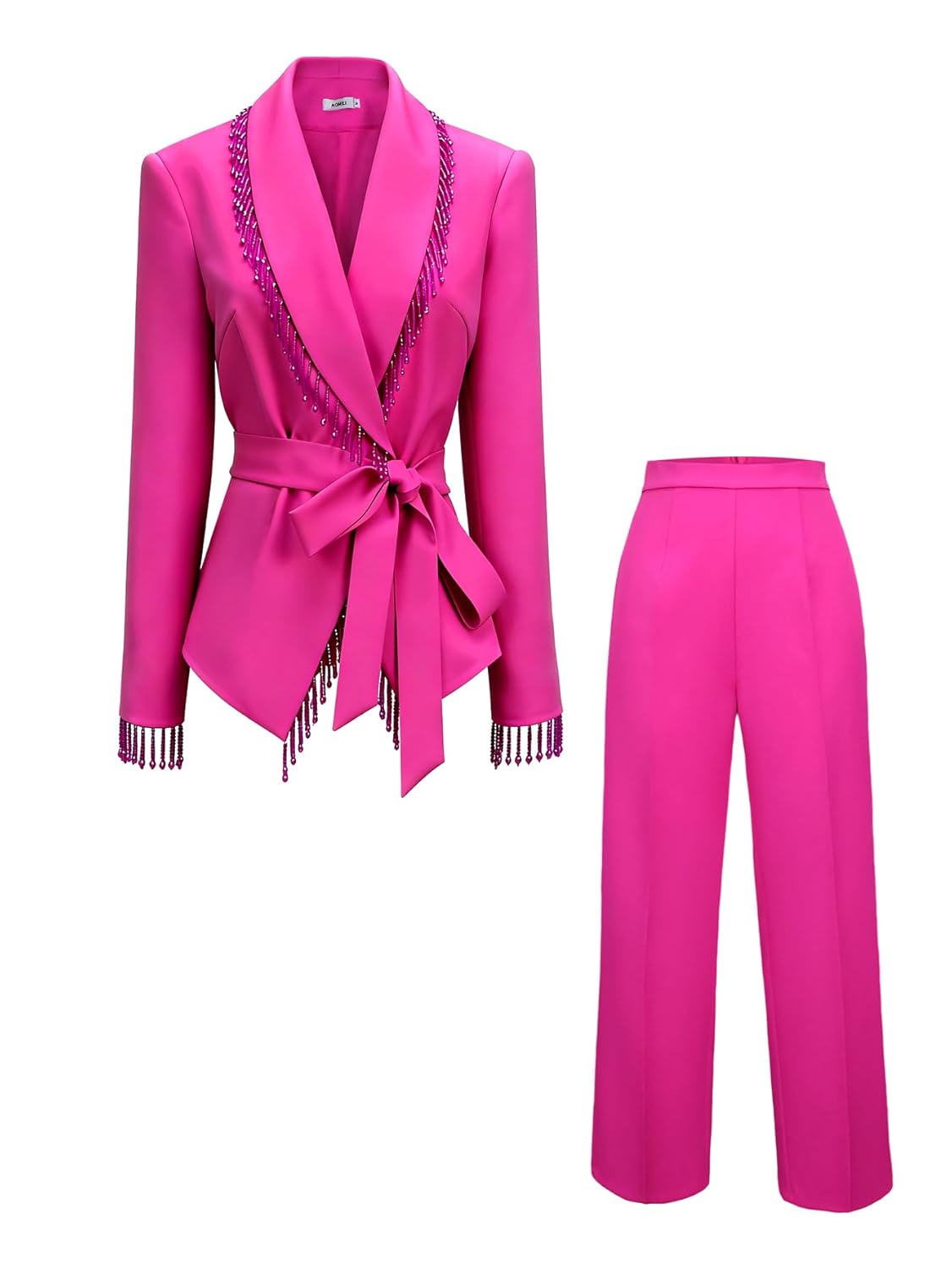 AOMEI Womens Bead Fringe Trim 2 Piece Business Suit Tie Belted Slim Blazer and Long Pant Set Dressy