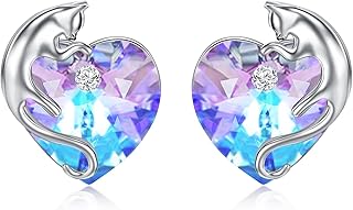 Cat Earrings 925 Sterling Silver Cute Studs Earrings with Birthstone Heart Crystal from Austria, Cat Jewelry Gifts for Cat Lovers