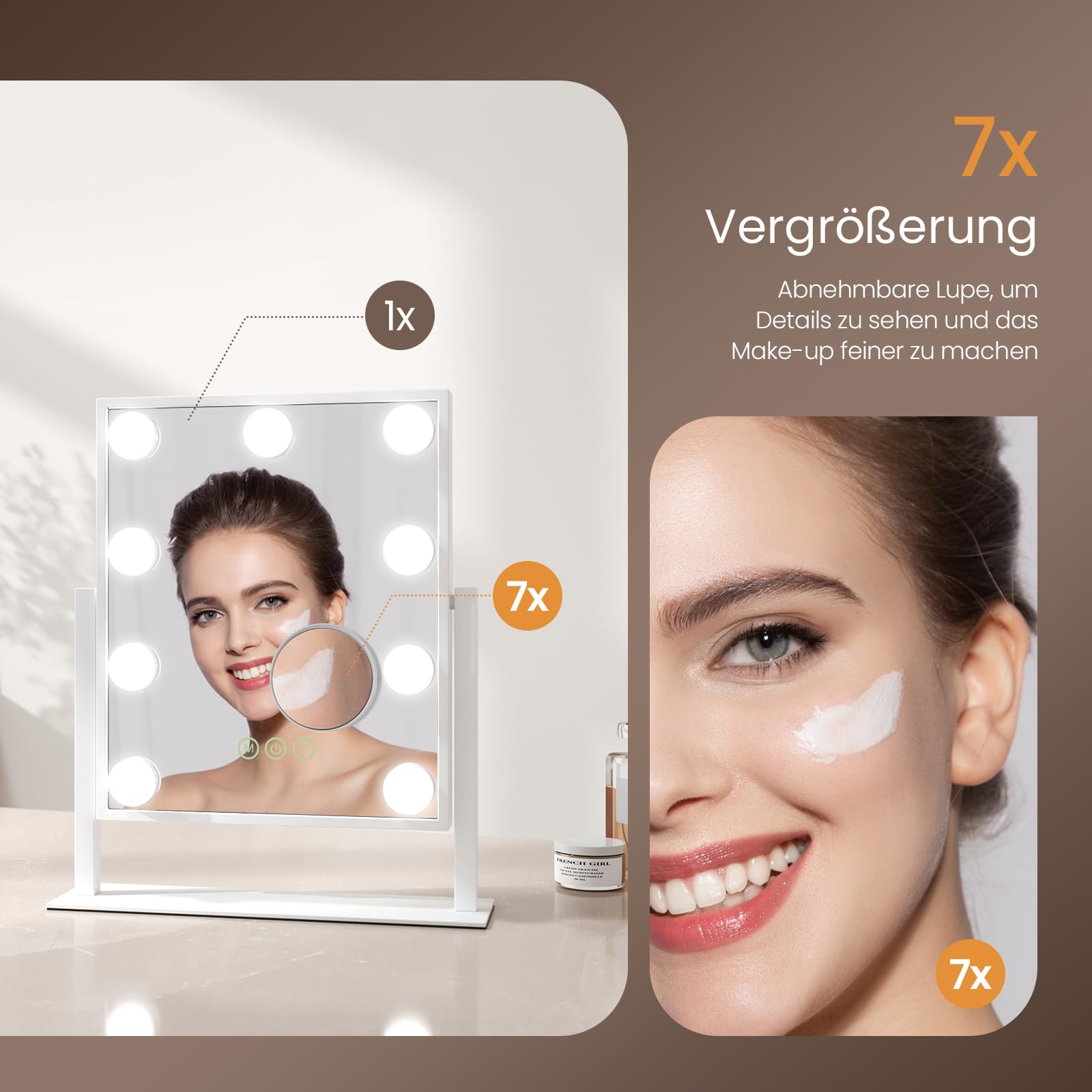 EMKE Hollywood Schminkspiegel mit Beleuchtung 30x41 cm Weiß, dimmbar | 360 Grad drehbar, 9 LED Lampen, 3 Lichtfarben, Speicherfunktion, Kosmetikspiegel für Schminktisch