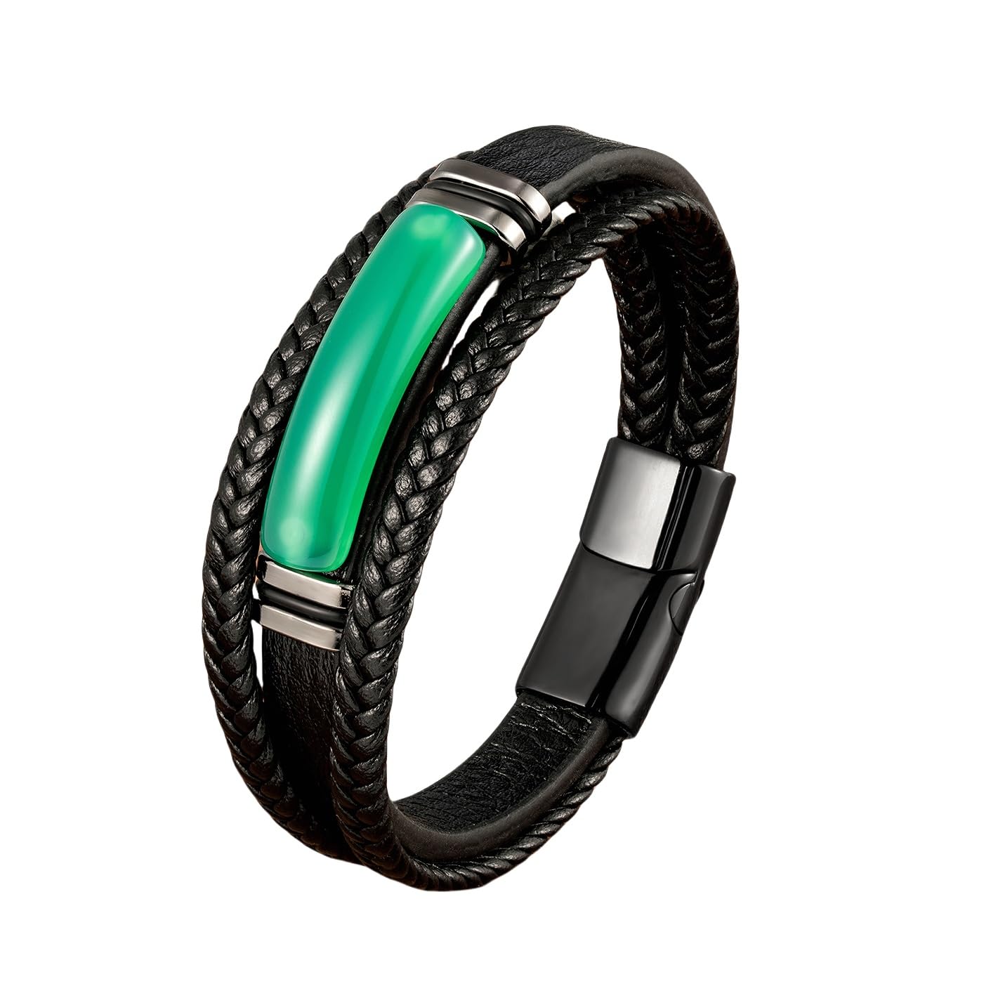 Ledergelenkbänder für Männer, Herren-Lederarmband, einfaches grünes Achatarmband, mehrschichtige geflochten