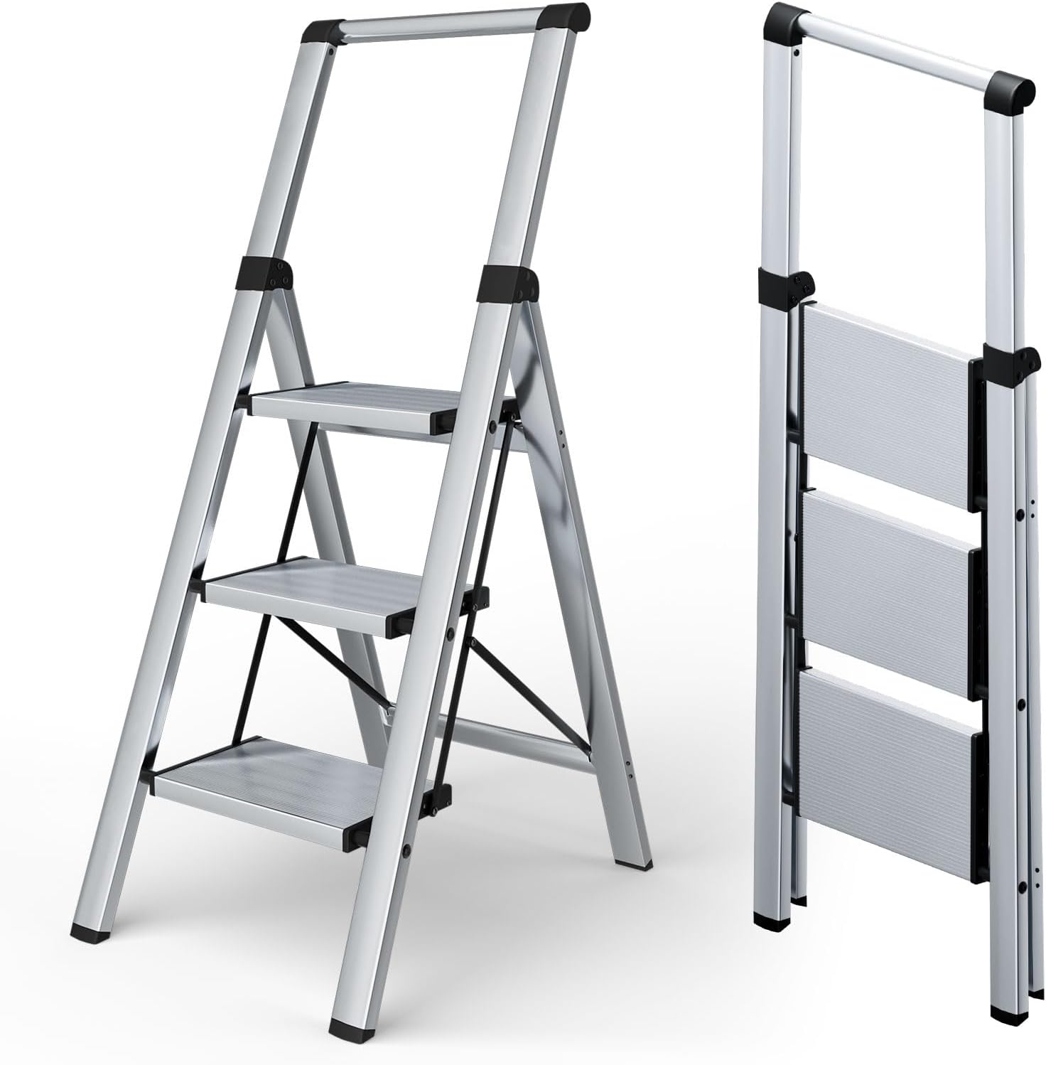 Taranta 3 Step Ladder, Portable Folding Ladder with Wide Pedal, Lightweight Aluminum Step Stool with Convenient Handgrip, 330 lbs Capacity Stepladder for Home, Office - Silver Silver 3 Step with Handrail