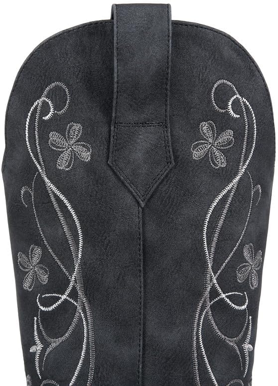 ZJA Women's Mid Calf Western Cowboy Boots Cowgirl Floral Embroidered Chunky Heel Block Pointed Toe Pull-On Boots