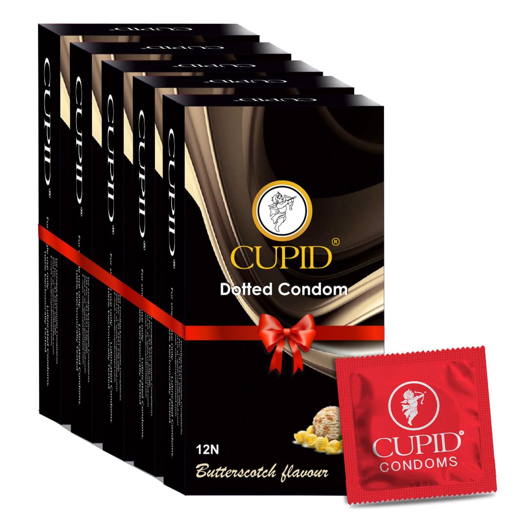 Cupid LimitedCupid Dotted & Flavoured Condoms Butterscotch Flavour (Pack of 5) | Lubricated & Multitextured Condoms | For Her Enhanced Pleasure | Pack of 5, 12 Pcs Each