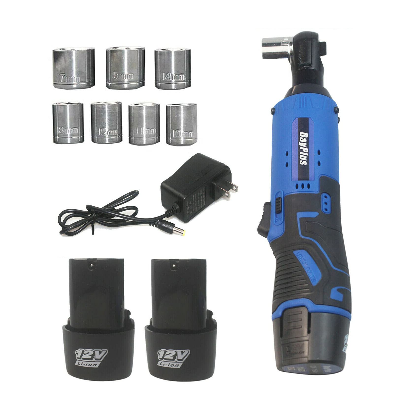 DayPlus 3/8 Inch Cordless Ratchet Wrench 12V Impact Cordless Ratchet Wrench with 2pcs 1500mAh Lithium-lon Batteries & 1pc Fast Charger 7 Scockets Built in LED 365 in-lbs Torque