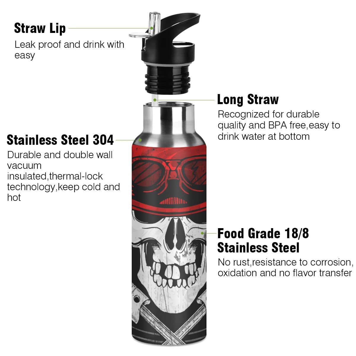 Edelstahl Wasserflasche mit Strohhalm, Halloween Totenkopf Isolierte Trinkflasche Sport Wasserflasche für Kinder Erwachsene, auslaufsicher, 1L