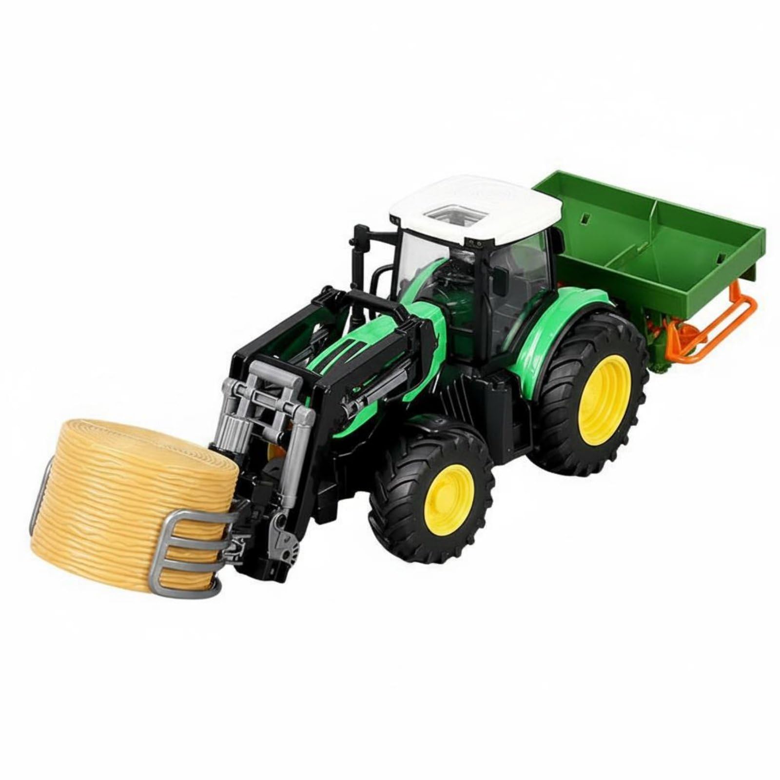Gralara Tractor Teledirigido Infantil Vehículo Agrícola Camión Granja Remolque con Brazo Frontal y Funciones y Marcha Atrás para Tareas de Granja Simuladas, Verde