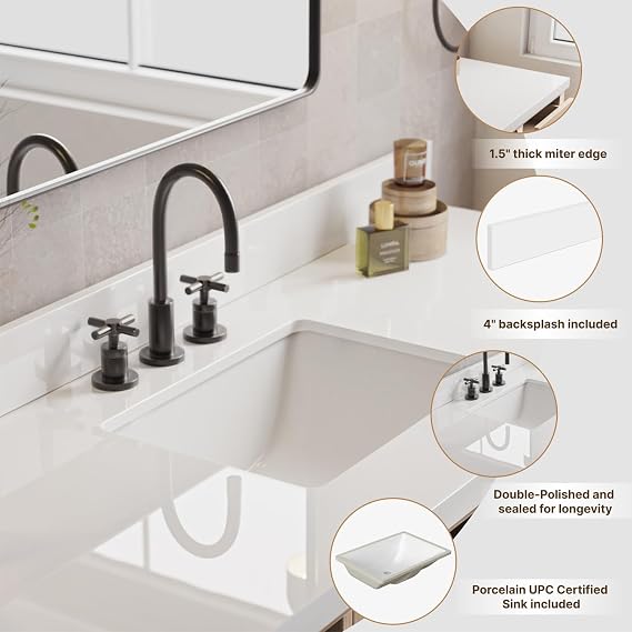 DKB Beckford 60-Inch Oak Double Bathroom Vanity with Sink, Pure White Quartz Countertop 1.5 Edge & 4 Backsplash, Soft Closing Doors & Drawers, Matte Black Hardware