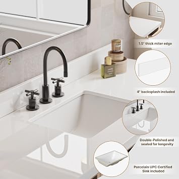 DKB Beckford 60-Inch Oak Double Bathroom Vanity with Sink, Pure White Quartz Countertop 1.5 Edge & 4 Backsplash, Soft Closing Doors & Drawers, Matte Black Hardware