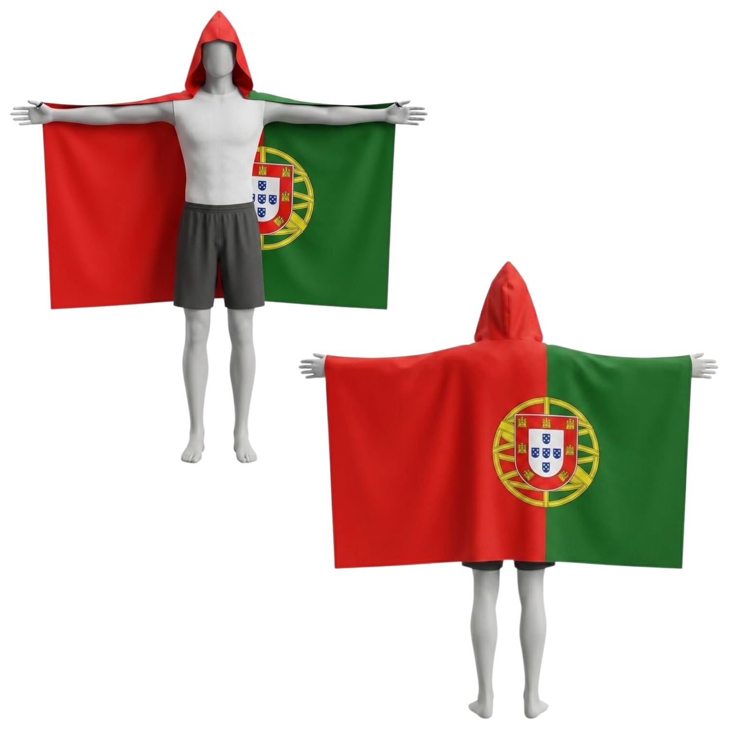 Cape Drapeau Portugal Coupe du Monde 2026 – À Porter avec Capuche et Élastiques – Supporter Homme Femme