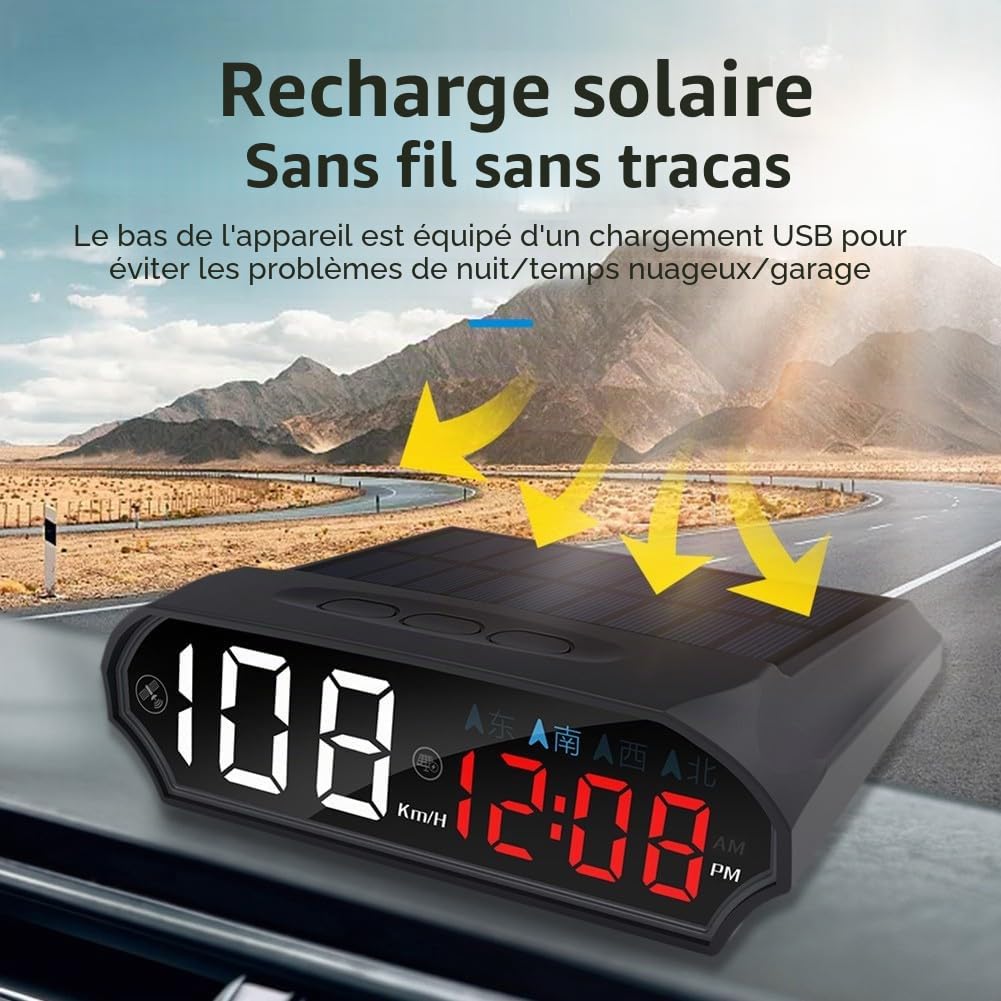 HUD solaire GPS pour voitures : compteur de vitesse numérique (km/h), direction du compas, écran LED couleur réglable – s'adapte à la plupart des véhicules