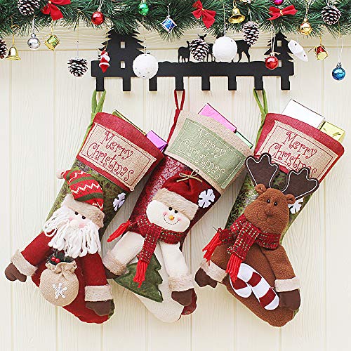 OCTOPUSIR Christmas Stockings Set of 3 Santa 2019 Reindeer, Snow And Reindeer Pattern Xmas Stocking Classic Nordic Christmas Decorations, Fireplace Stockings Plush 3D Applique 18-Inch, Set of 3