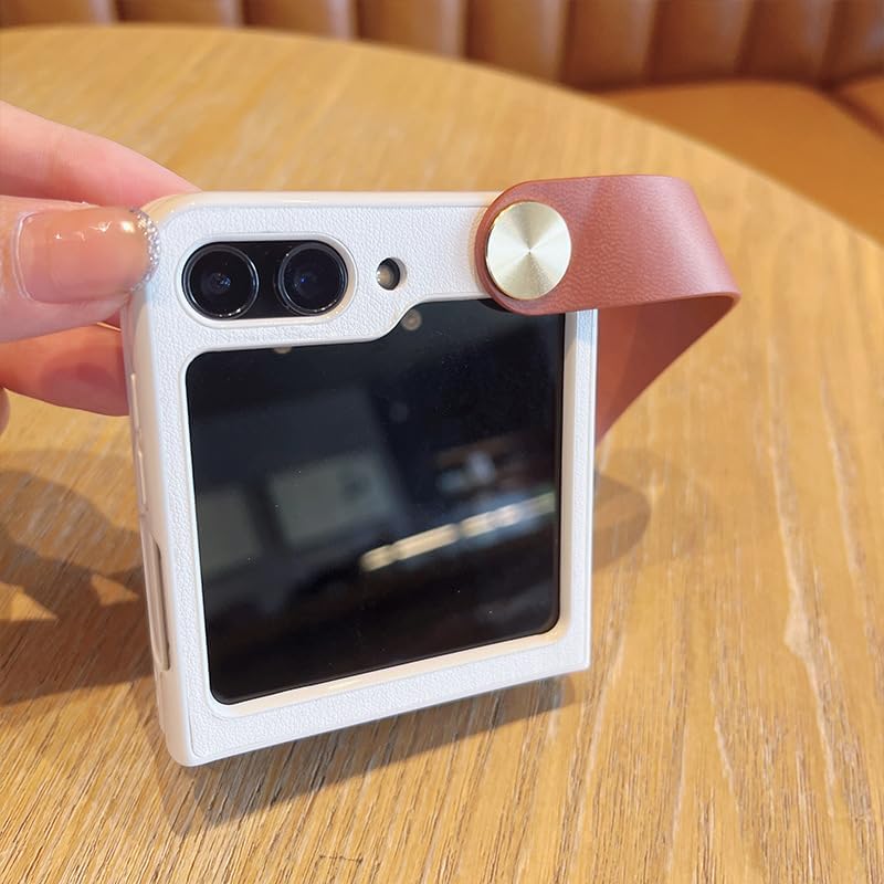 Miniatura 3 de Funda con correa de muñeca para Galaxy Z Flip5, cuero clásico sobre duro a prueba de golpes, PC con pulsera ajustable, funda de protección para