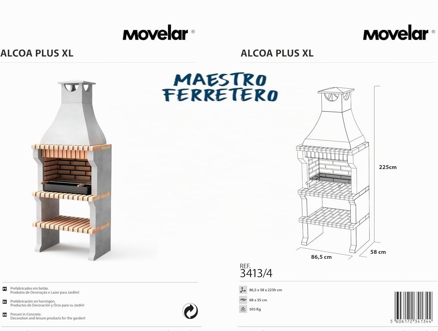 MOVELAR - Barbacoa de Obra Prefabricada de Leña y Carbón Modelo Alcoa XL (Gris, Naranja - 86,5 x 58 x 225 cm) REF: 3413/5 - Cocina de Exterior para Jardín y Terraza