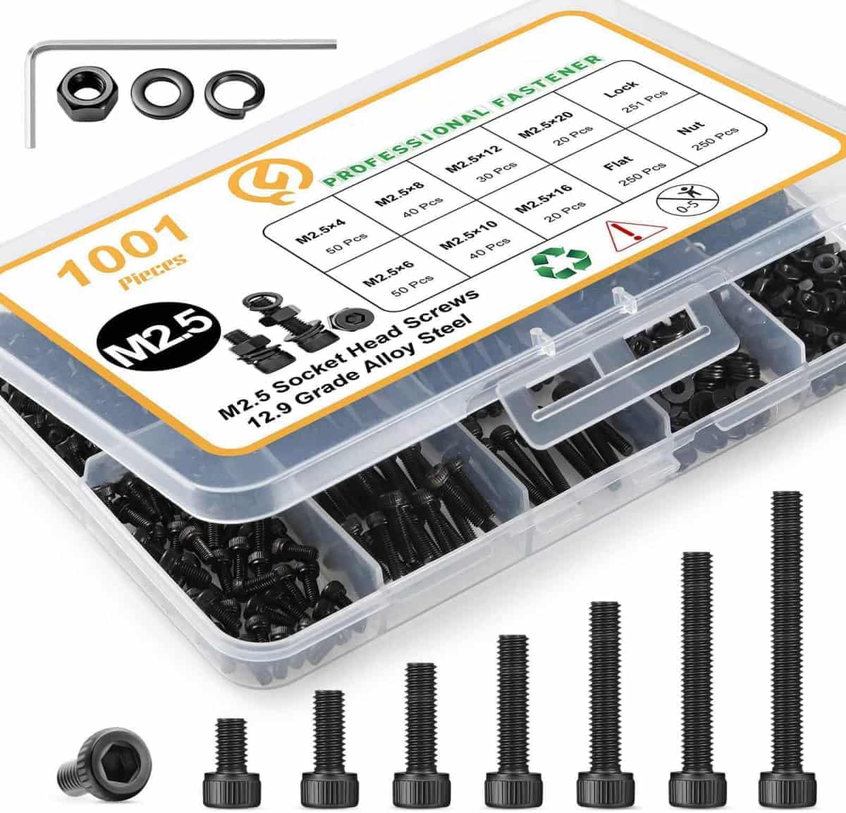1000Pcs M2.5 Screws Assortment Kit, M2.5x 4/6/8/10/12/16/20mm M2.5 Bolts Kit 12.9 Alloy Steel Nuts and Bolts Assortment Kit Black Zinc Plated Hex Socket Head Screws Nuts Bolts and Washers Set