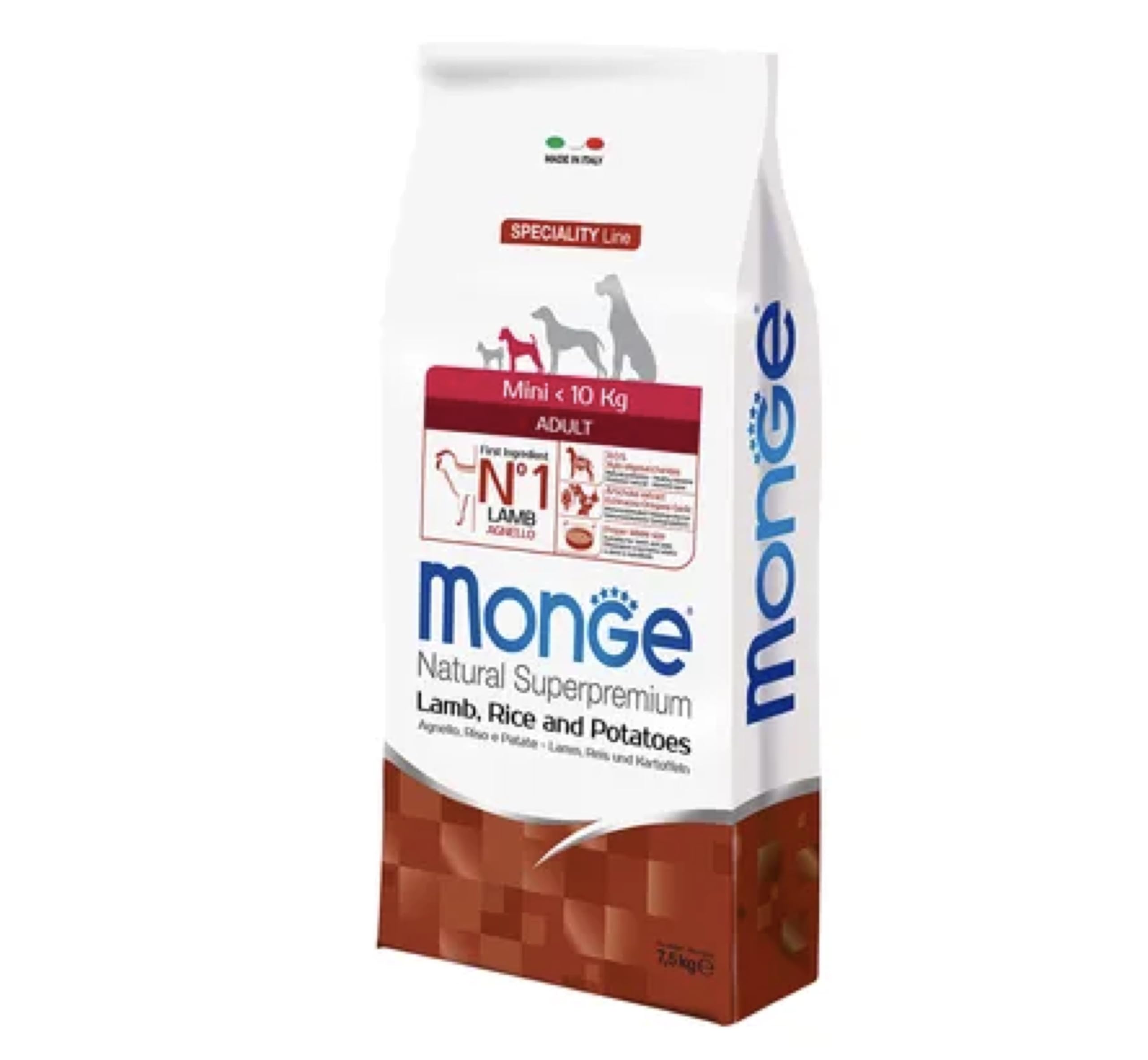 Monge Natural Superpremium Mini Adult Monoprotein Agnello con Riso e Patate, Cibo Secco per Cani di Taglia Piccola, 1 confezione da 7,5 kg