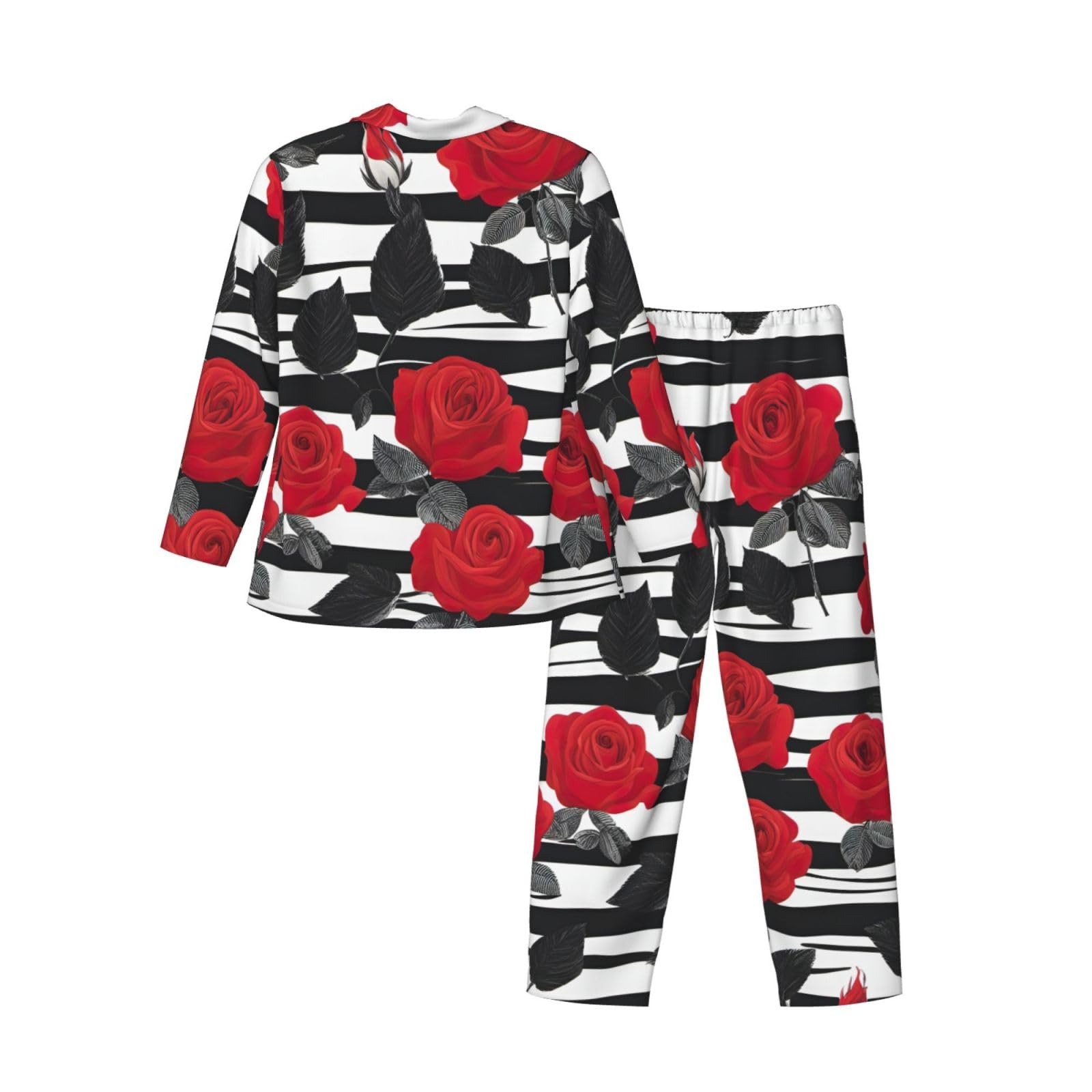 Pigiama a maniche lunghe da uomo con stampa di fiori rossi a righe bianche nere Set pigiama a due pezzi traspirante accogliente Weekend Loungewear