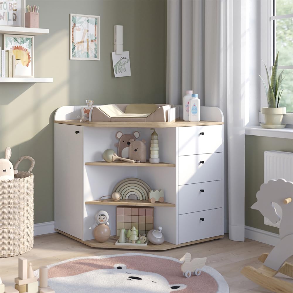 Vicco Wickelkommode Aria, Weiß, 85 x 90 cm | mit Regalen und 4 Schubladen, geeignet als Wickelstation für Babys und Kleinkinder