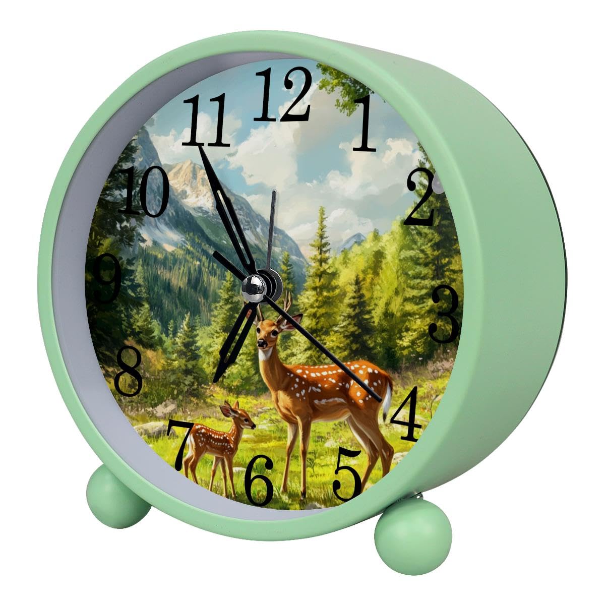 Luoweisi Alarm Clock Forest Deers, Silent Non-Ticking with Night Light, Round Metal Alarm Clock for Office, Battery Operated, Bedroom, Elderly, Adults, Children, Student Gifts