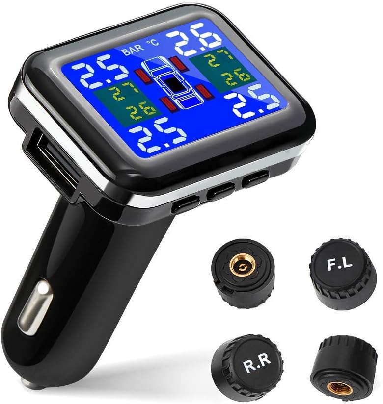Car Tire Pressure Monitoring System, TPMS Tool with Wireless Alarm, Instrument with LED Display(0~3.5Bar), Tire Pressure & Temperature Monitor, with 4 External Sensors in Real Time, Plug with USB Port
