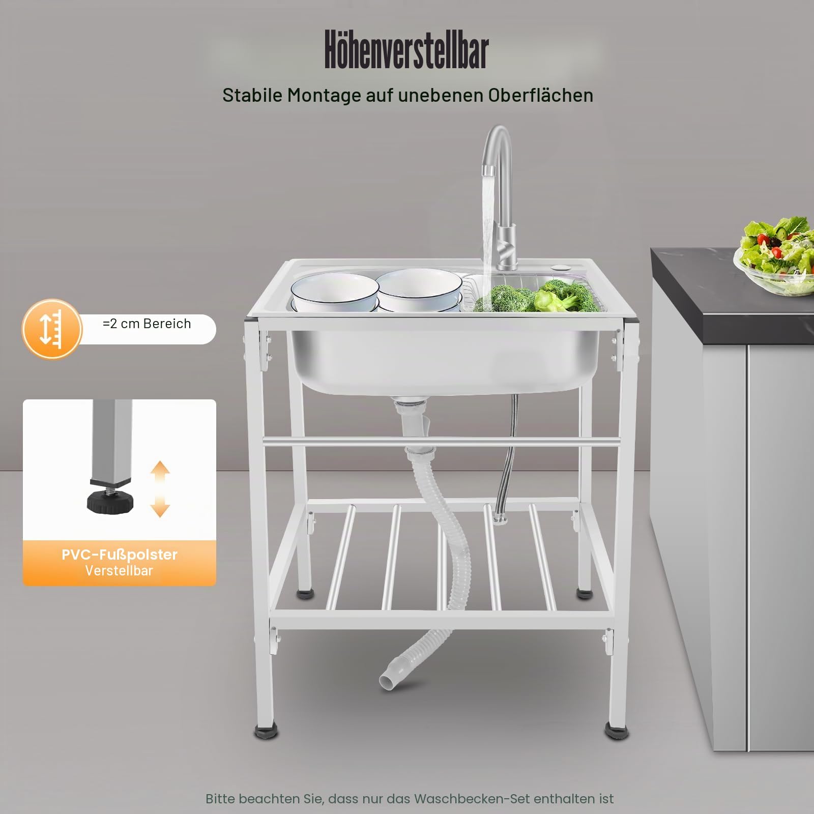 Edelstahl Spültisch, Küchenspüle Spülbecken Mit Unterschrank, Ausgussbecken Mit Heißer & Kalter Armatur, Freistehende Spüle Für Küche Restaurant, 60 * 45 * 75cm