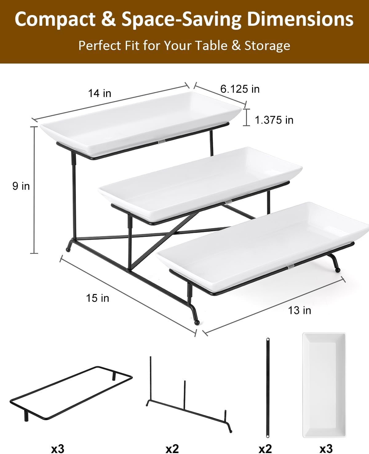 Yedio 3 Tier Serving Tray Set 14 Inch Porcelain Tiered Serving Trays Platters, Collapsible Sturdier Stand with Stable Cross Bars, Three Layer Serving for Party Entertaining Food Display Fruit Dessert - Image 2
