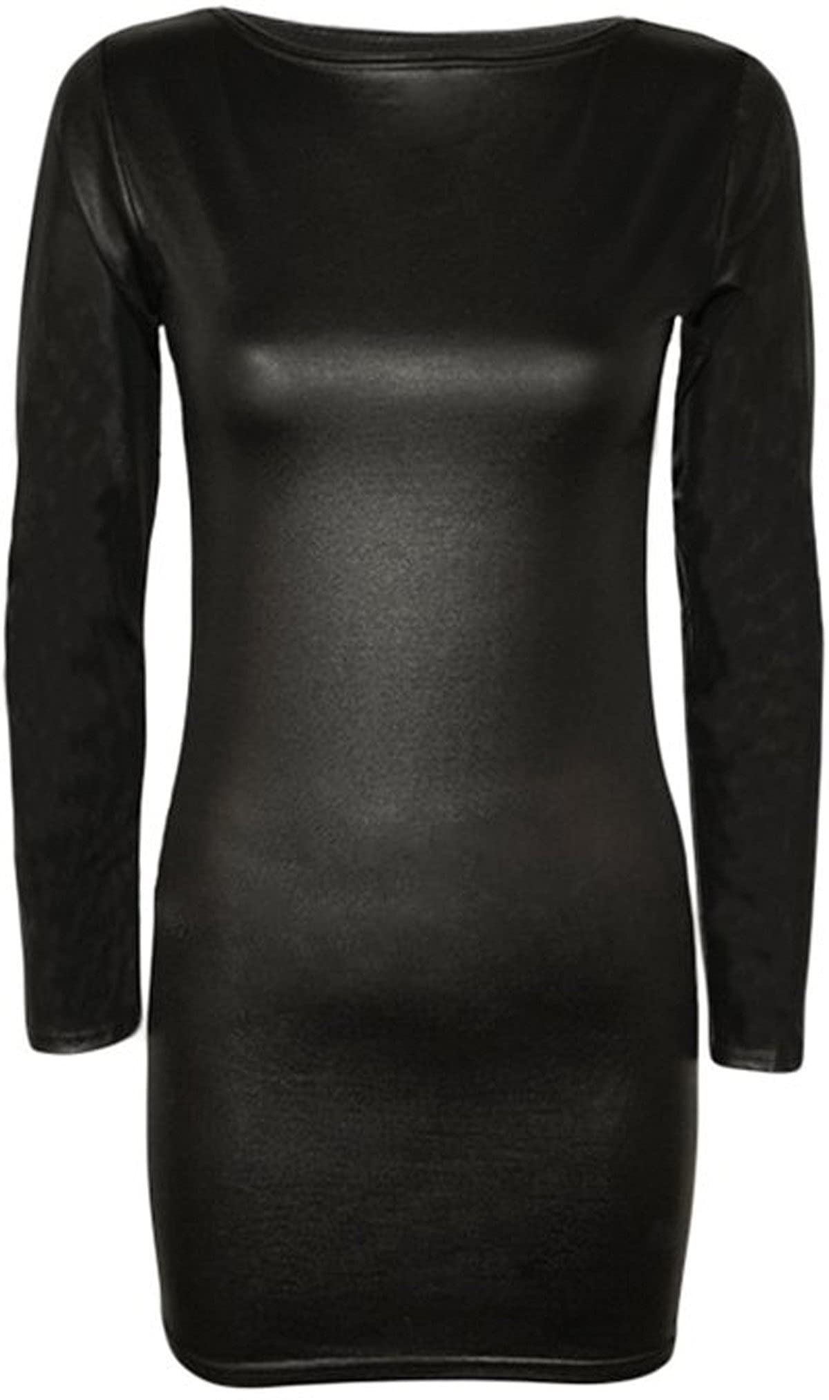 Fairy Trendz Ltd Women's Black Wet Look Long Sleeve Scoop Neck Stretch Bodycon Casual Mini Dress( Uk 20-22)