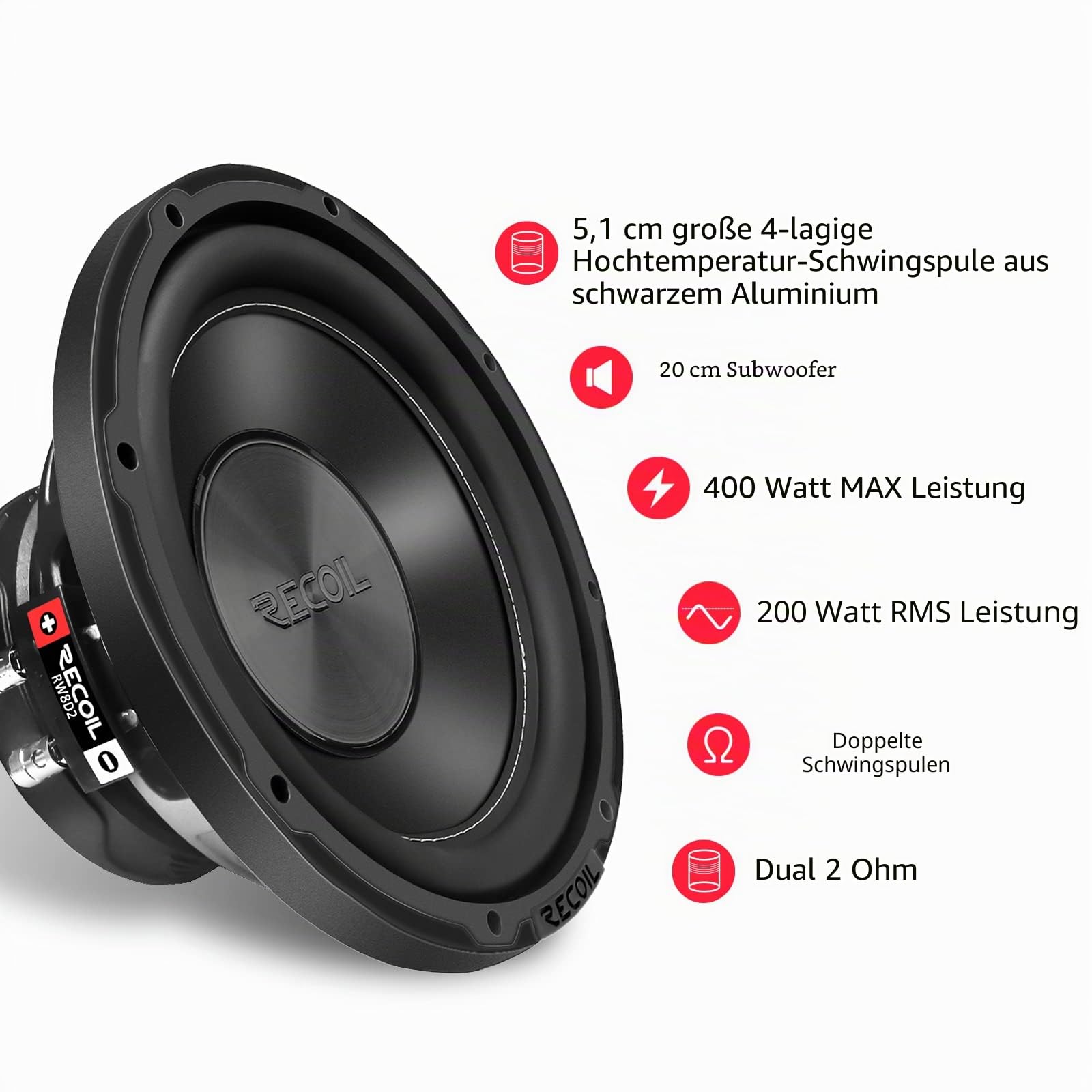 RECOIL RW8D2 Echo Series 8 Zoll Car Audio Subwoofer (20 cm 400 Watt Dual 2 Ohm Voice Coil - Competition Grade Pressed Paper Cone - 2" Schwarze 4-Lagen Hochtemperatur-Schwingspule