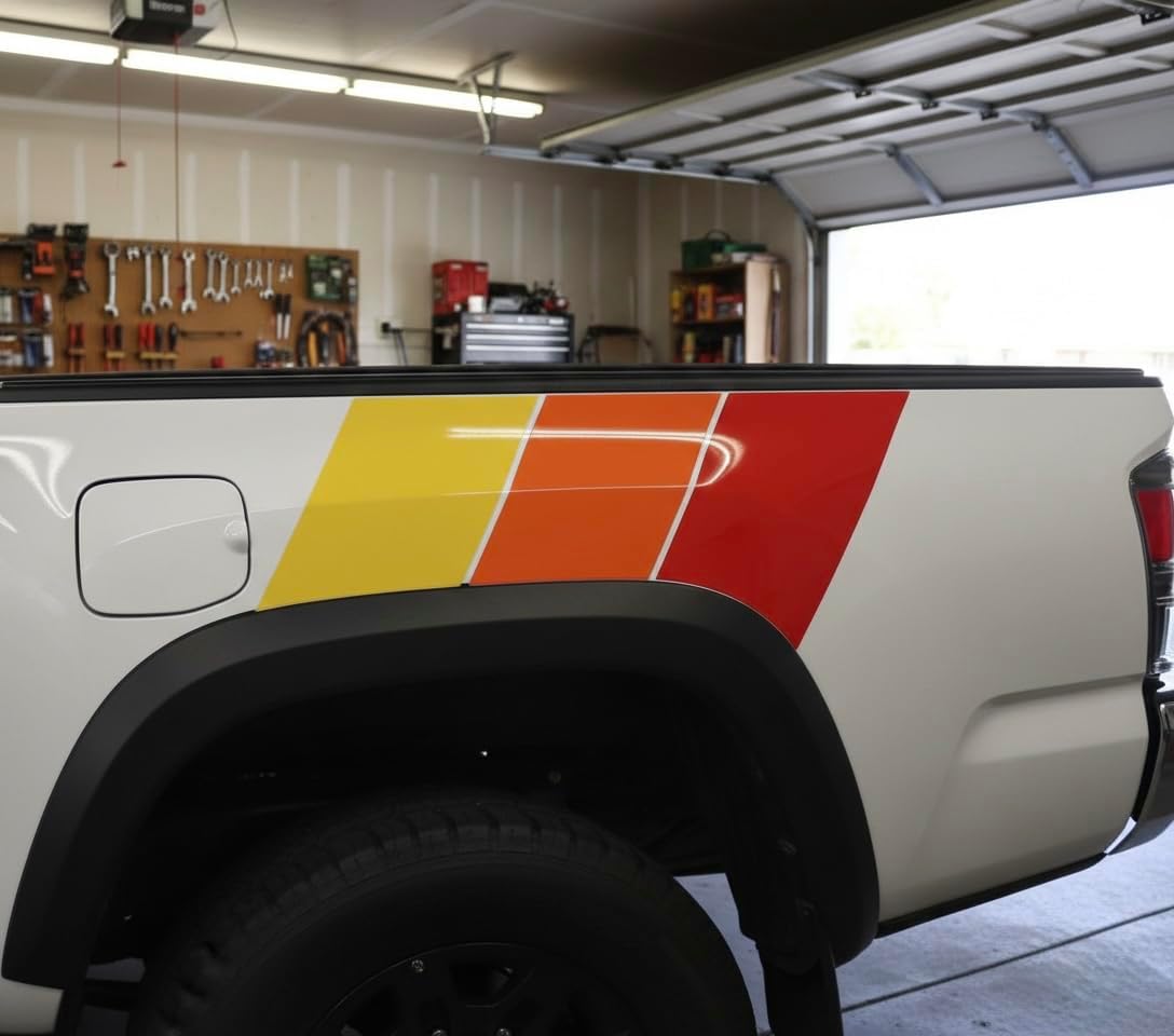 Side Bed Stripe Decal Compatible with Toyota Tacoma 2005-2023 – Retro 3 Color Racing Vinyl Graphic Kit – Driver & Passenger Side